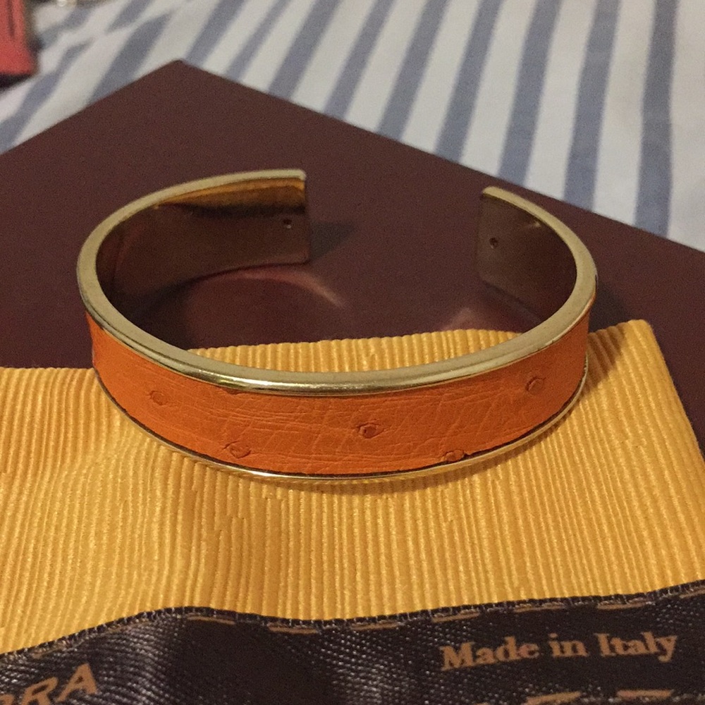 ostrich leather orange gold bangle